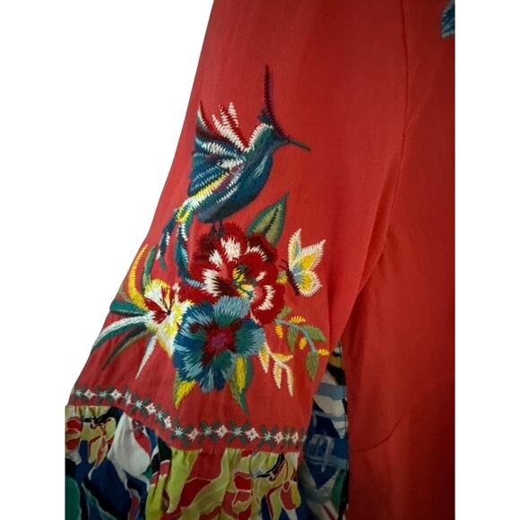 John Mark Floral Embroidered Split Neck Ruffled 3/4 Sleeve Tunic Red Size Small - Picture 9 of 10